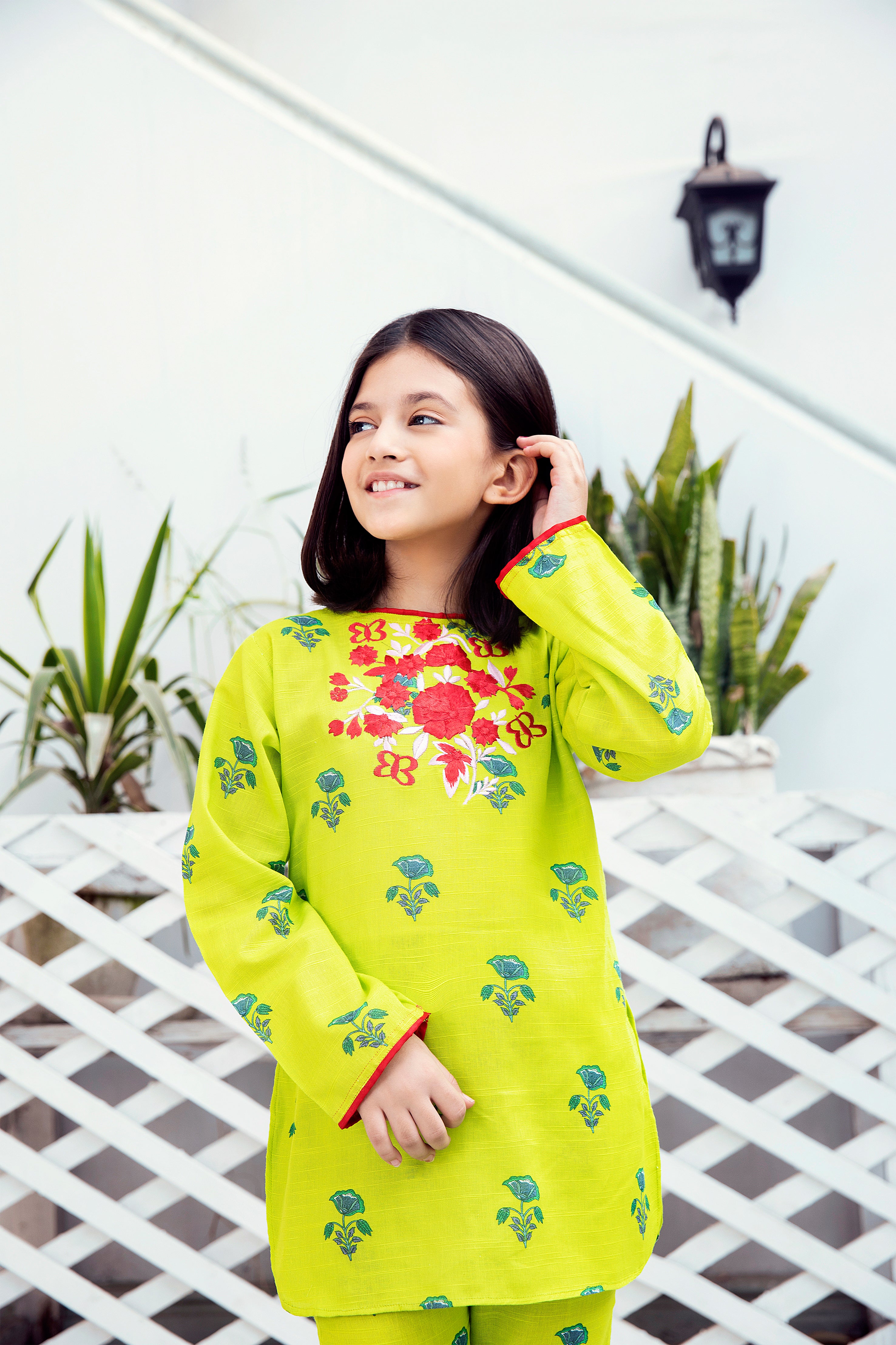 Ready to wear: Printed floral khadar round shape embrioded short shirt  with trouser