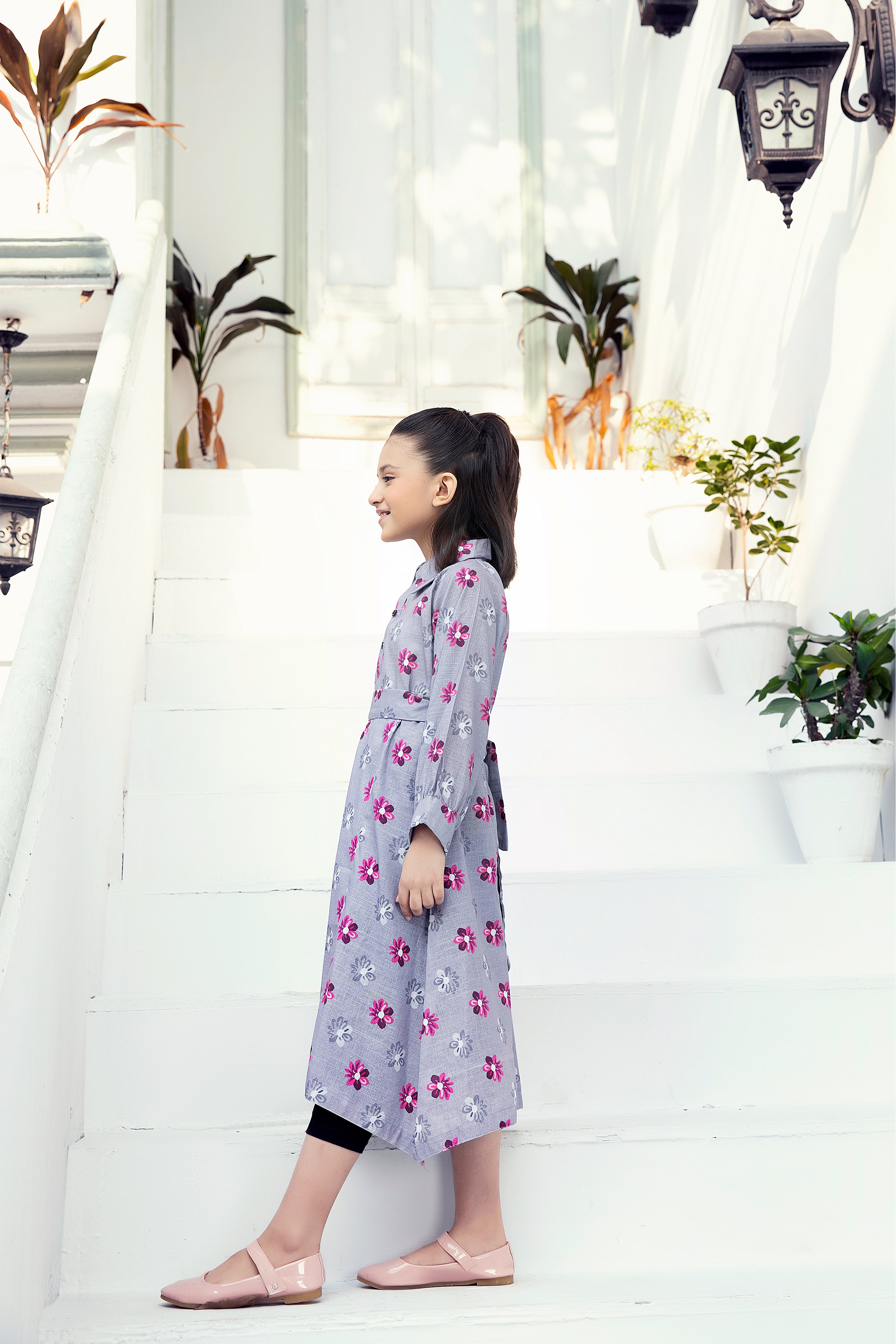 Ready to wear: Floral khadar A line panel colar long shirt with belt