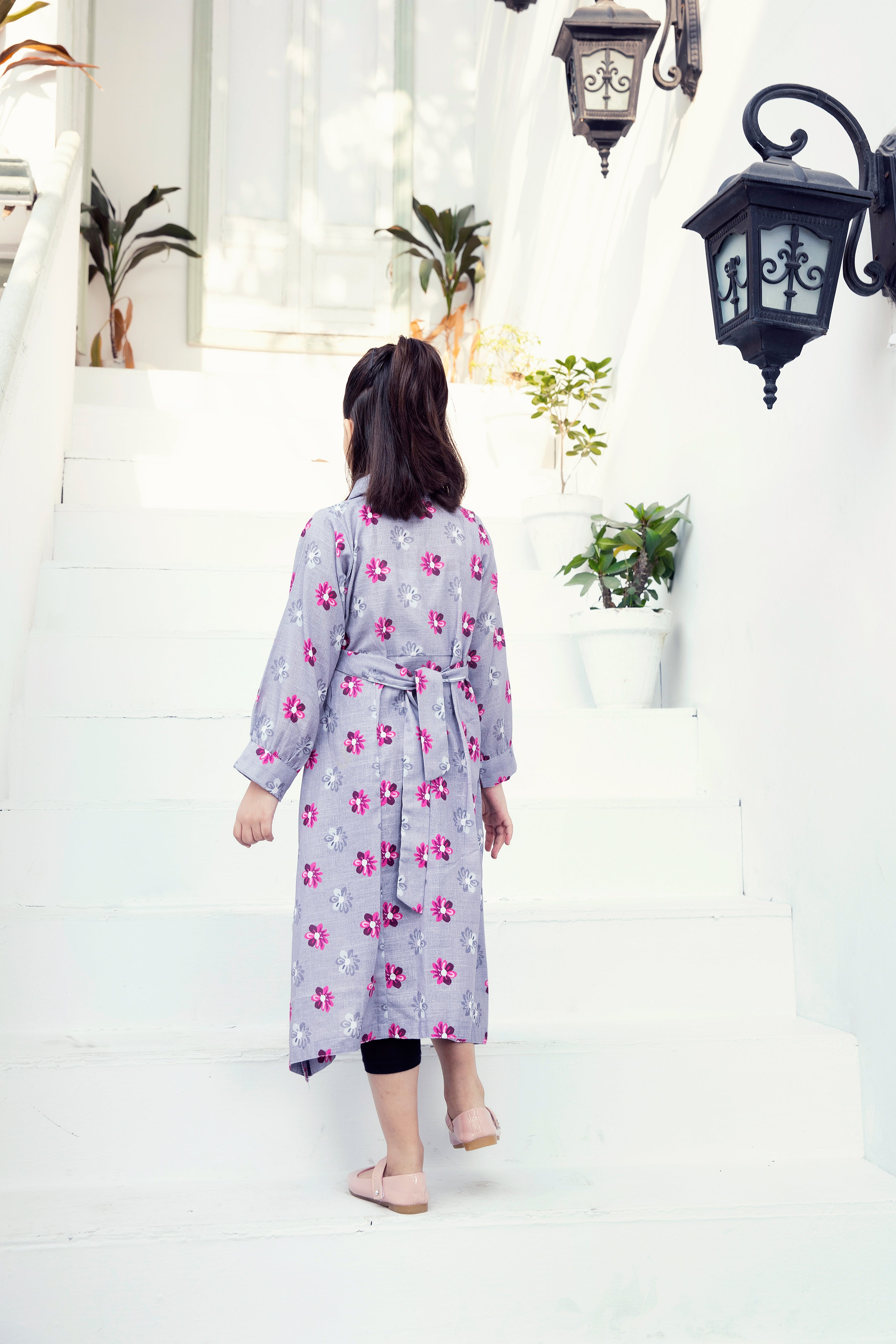 Ready to wear: Floral khadar A line panel colar long shirt with belt