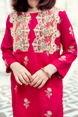 Ready to wear: Embroided karandi kamiz and trouser with golden net patch work